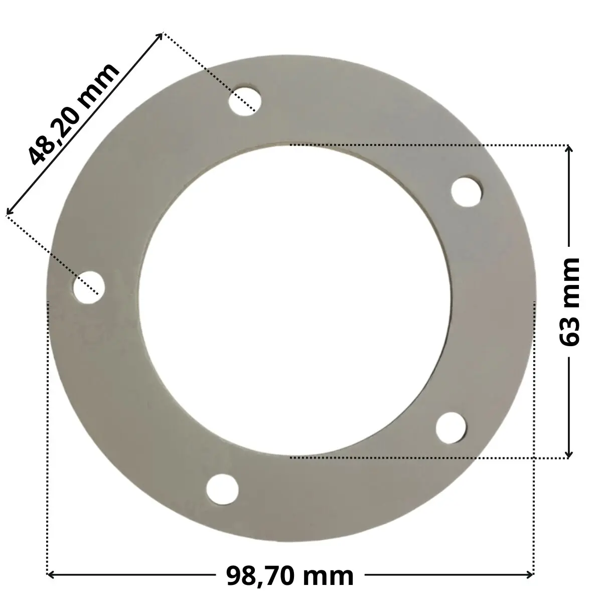 Guarnizione ricambio per bocchetta a parete Aqua con quote dimensionali: diametro esterno 98,70 mm, diametro interno 63 mm e interasse fori viti di fissaggio 48,20 mm