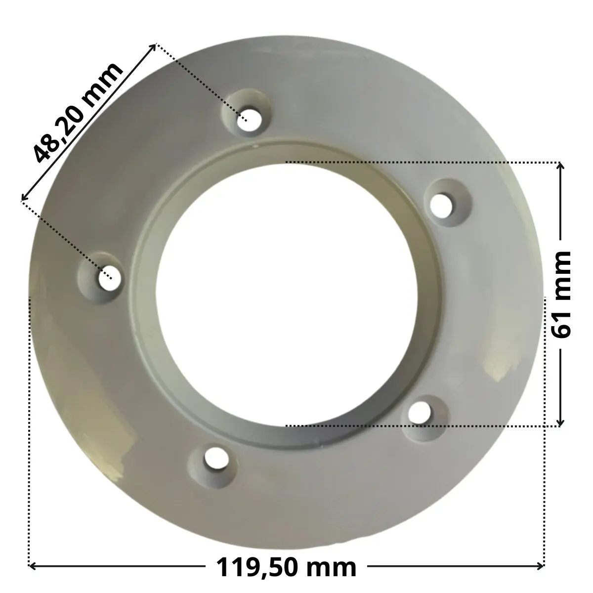 Flangia ricambio per bocchetta a parete Aqua con quote dimensionali: diametro esterno 119,50 mm, diametro interno 61 mm e interasse fori viti di fissaggio 48,20 mm