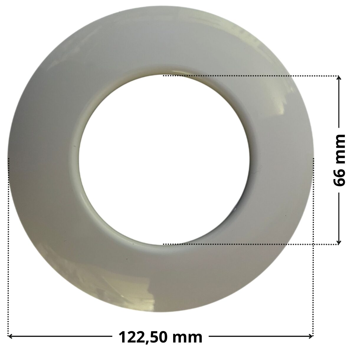 Copriflangia ricambio per bocchetta a parete Aqua con quote dimensionali: diametro esterno 122,50 mm e diametro interno 66 mm
