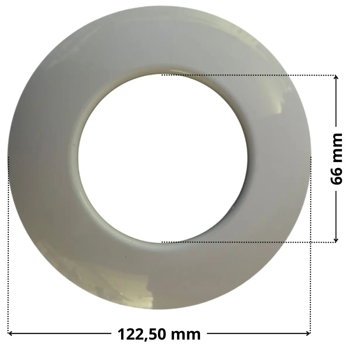 Copriflangia ricambio per bocchetta a parete Aqua con quote dimensionali: diametro esterno 122,50 mm e diametro interno 66 mm