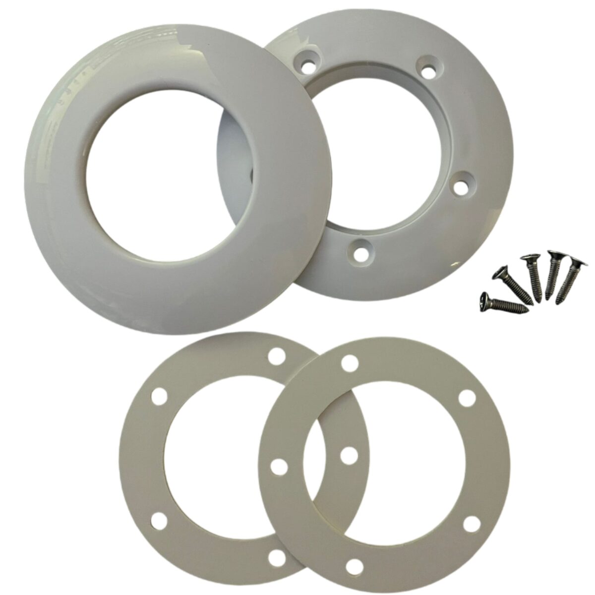 Kit copriflangia composta da un copriflangia, una flangia, due guarnizioni e 5 viti inox ricambio per bocchetta a parete Aqua