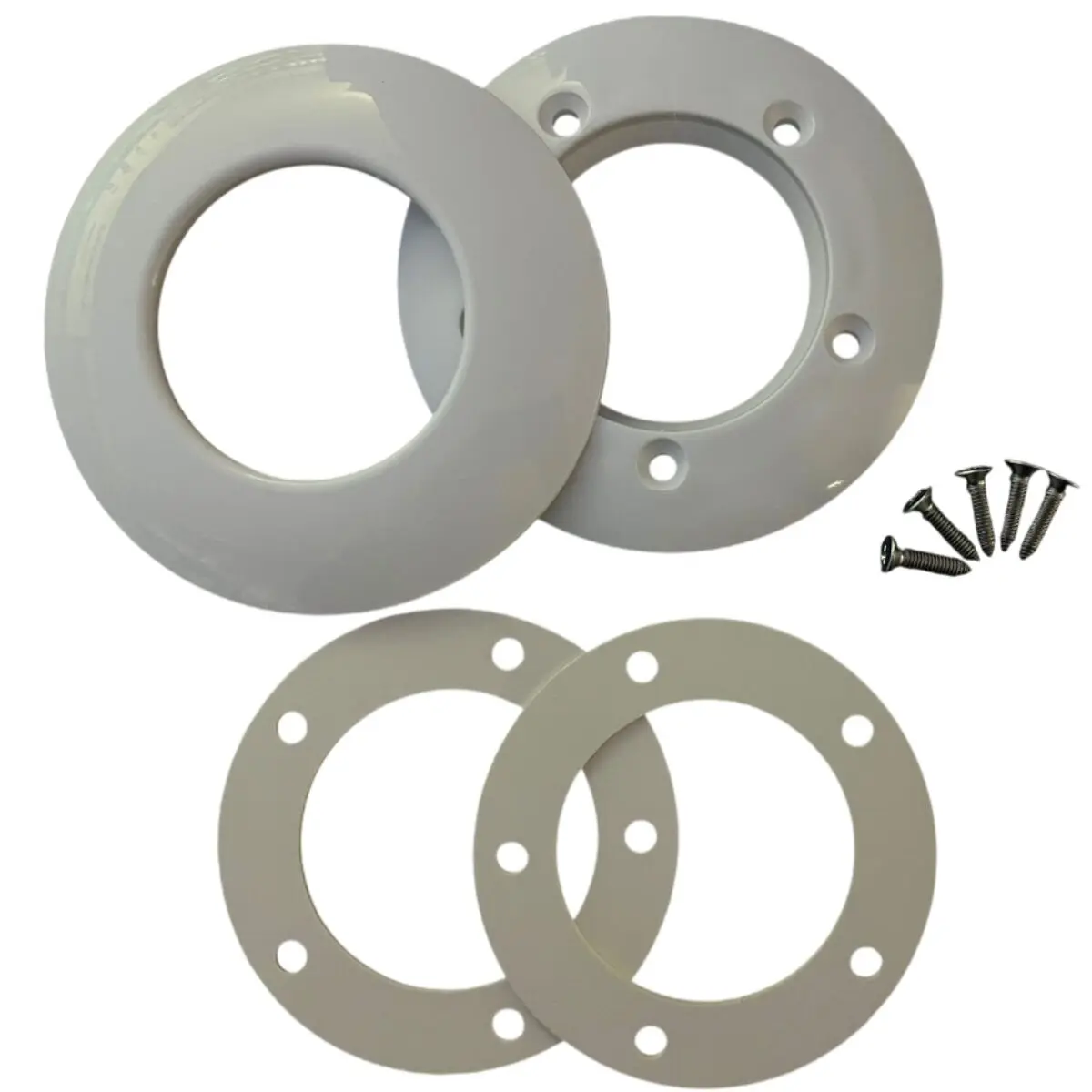 Kit copriflangia composta da un copriflangia, una flangia, due guarnizioni e 5 viti inox ricambio per bocchetta a parete Aqua