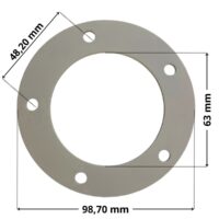 Guarnizione ricambio per bocchetta a pavimento Aqua con quote dimensionali: diametro esterno 98,70 mm, diametro interno 63 mm e interasse fori viti di fissaggio 48,20 mm