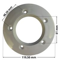 Flangia ricambio per bocchetta a pavimento Aqua con quote dimensionali: diametro esterno 119,50 mm, diametro interno 61 mm e interasse fori viti di fissaggio 48,20 mm