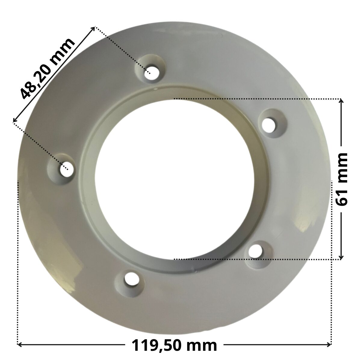 Flangia ricambio per bocchetta a pavimento Aqua con quote dimensionali: diametro esterno 119,50 mm, diametro interno 61 mm e interasse fori viti di fissaggio 48,20 mm
