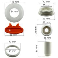 Kit composto da copriflangia sfera e accessori fissaggio sfera ricambi per bocchetta a parete multiflow Astralpool con le quote dimensionali di ogni singolo pezzo