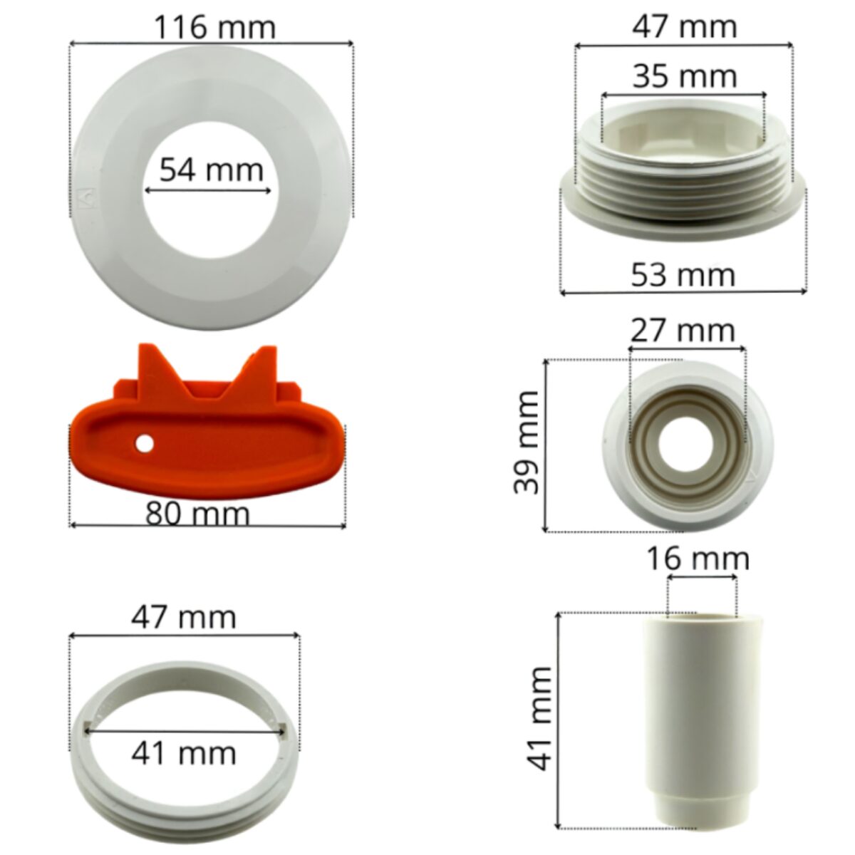 Kit composto da copriflangia sfera e accessori fissaggio sfera ricambi per bocchetta a parete multiflow Astralpool con le quote dimensionali di ogni singolo pezzo
