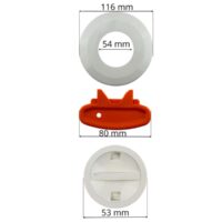 Kit copriflangia con tappo e chiave ricambio per bocchetta a parete multiflow Astralpool con le quote dimensionali di ogni singolo pezzo