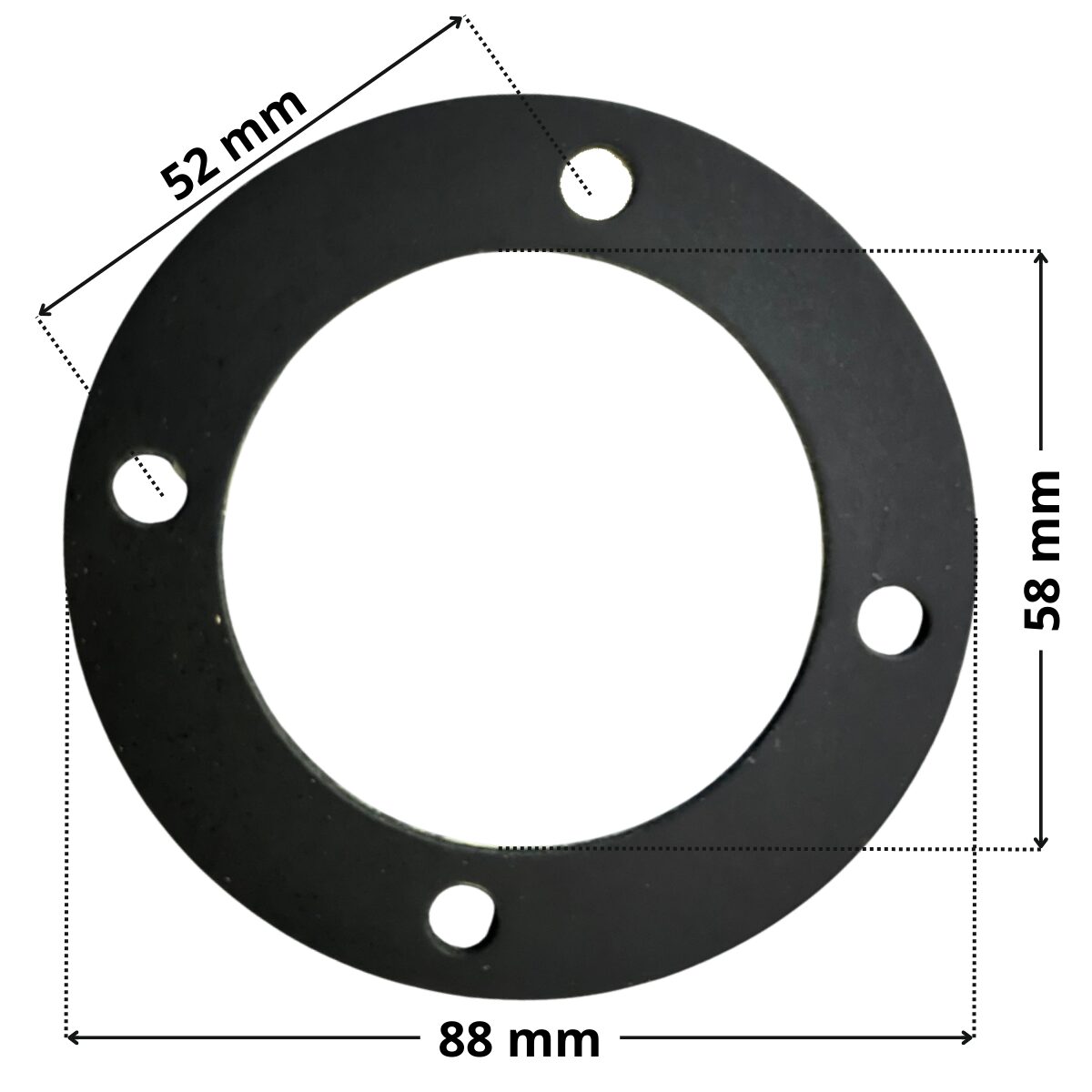 Guarnizione ricambio per bocchetta a parete Aquareva con quote dimensionali: diametro esterno 88 mm, diametro interno 58 mm e interasse fori viti di fissaggio 52 mm
