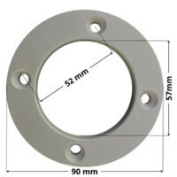 Flangia ricambio per bocchetta a parete Aquareva con quote dimensionali: diametro esterno 90 mm, diametro interno 57 mm e interasse fori viti di fissaggio 52 mm