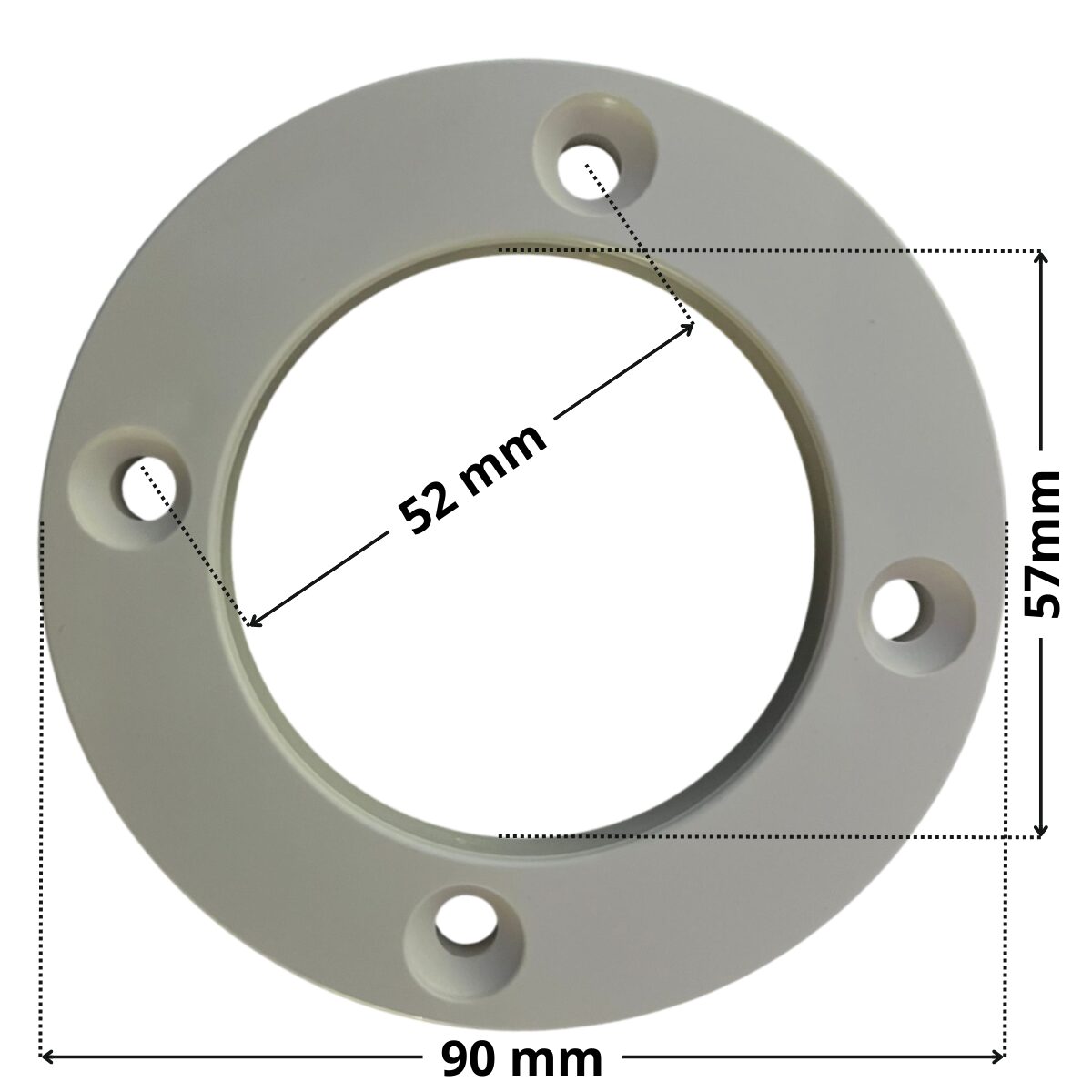 Flangia ricambio per bocchetta a parete Aquareva con quote dimensionali: diametro esterno 90 mm, diametro interno 57 mm e interasse fori viti di fissaggio 52 mm