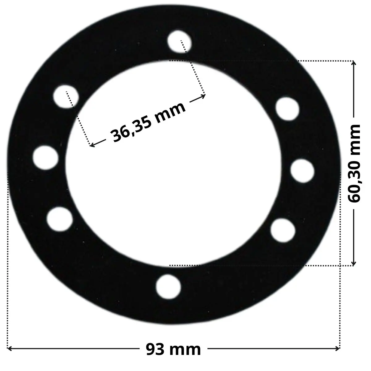 Guarnizione ricambio per bocchetta a parete multiflow con e senza sfera Astralpool con quote dimensionali: diametro esterno 93 mm, diametro interno 60,30 mm interasse fori per viti di fissaggio 36,35 mm