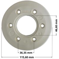 Flangia ricambio per bocchetta a parete multiflow con e senza sfera Astralpool con quote dimensionali: diametro esterno 115,60 mm, diametro interno 46,60 mm interasse fori per viti di fissaggio 36,35 mm