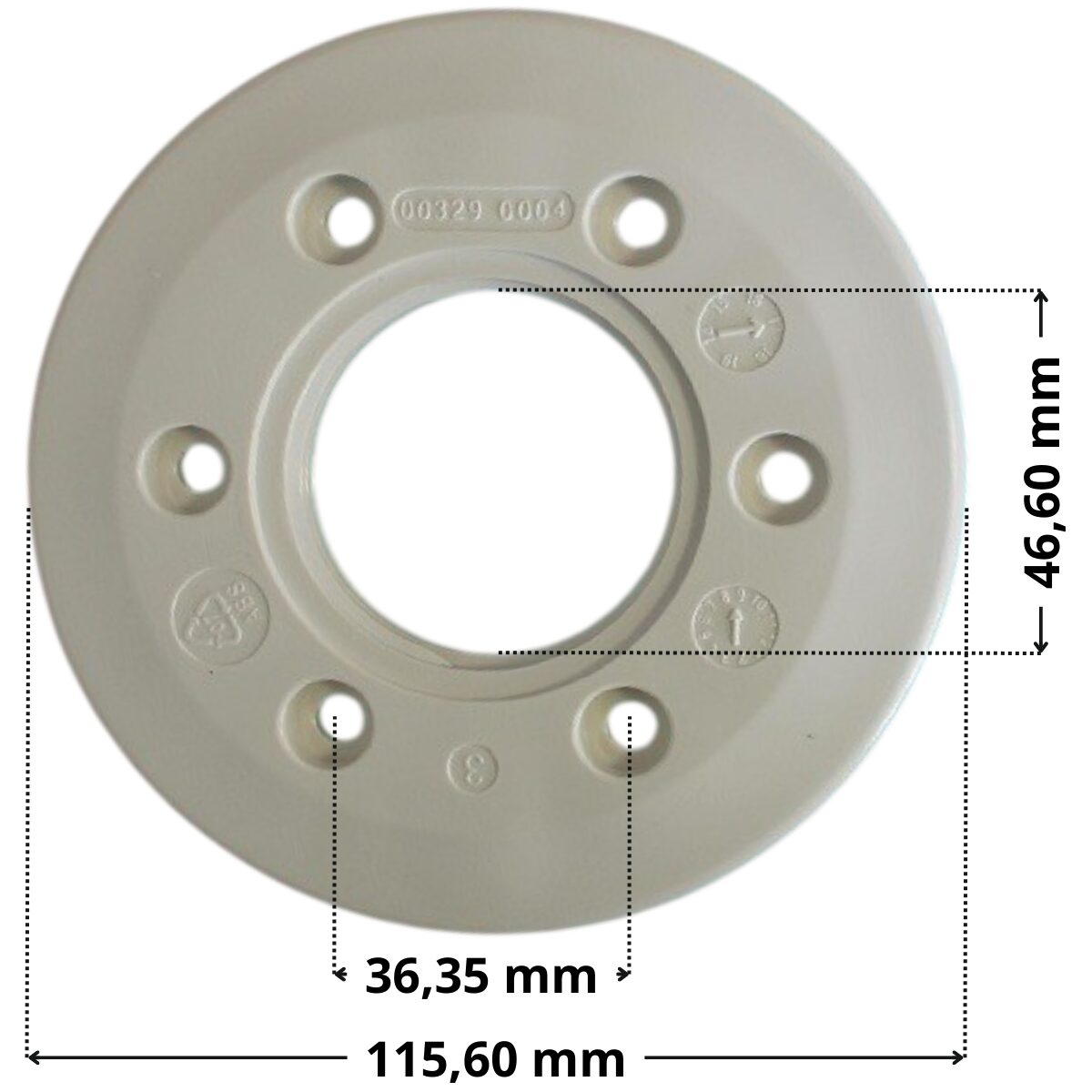 Flangia ricambio per bocchetta a parete multiflow con e senza sfera Astralpool con quote dimensionali: diametro esterno 115,60 mm, diametro interno 46,60 mm interasse fori per viti di fissaggio 36,35 mm