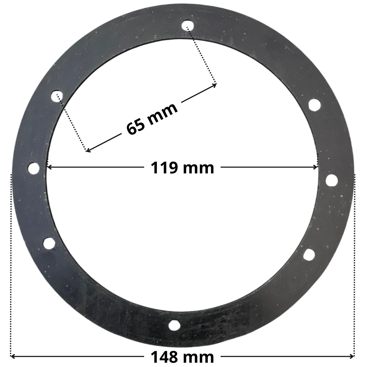 Guarnizione, ricambio per bocchetta a pavimento per piscine prefabbricate Astralpool con quote dimensionali: diametro esterno 148 mm, diametro interno 119 mm, interasse fori 65 mm