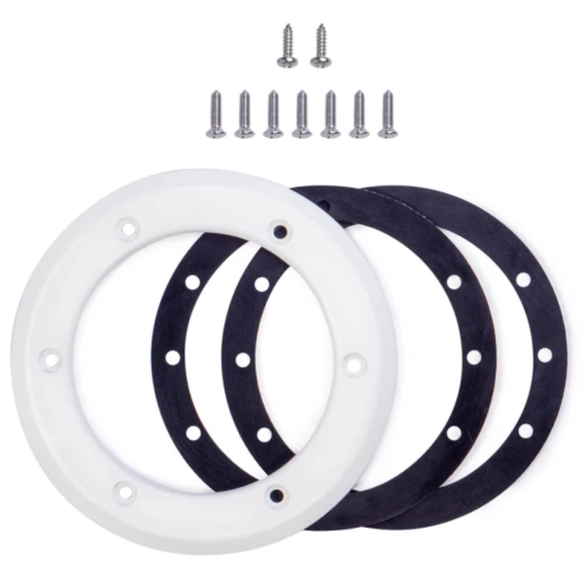 Kit composto da una flangia, due guarnizioni, viti inox, ricambio per bocchetta a pavimento per piscine prefabbricate Astralpool