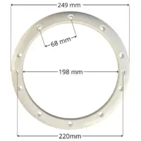 Flangia, ricambio per scarico di fondo Aqua con quote dimensionali: diametro interno 198 mm, diametro esterno 249 mm, interasse fori fissaggio viti 68 mm