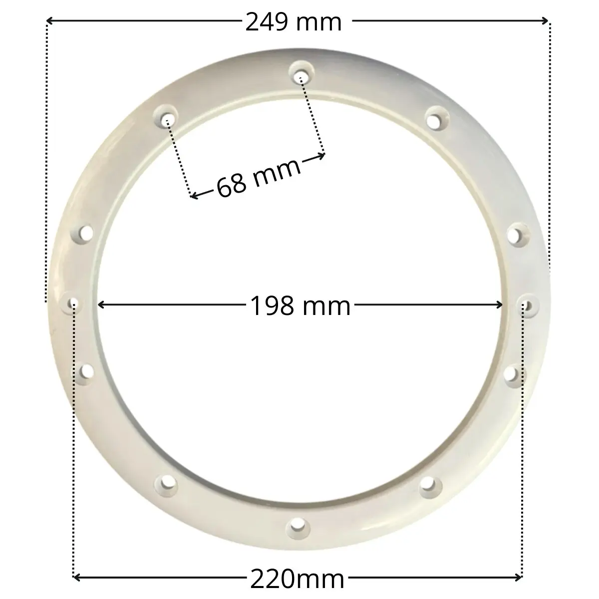 Flangia, ricambio per scarico di fondo Aqua con quote dimensionali: diametro interno 198 mm, diametro esterno 249 mm, interasse fori fissaggio viti 68 mm