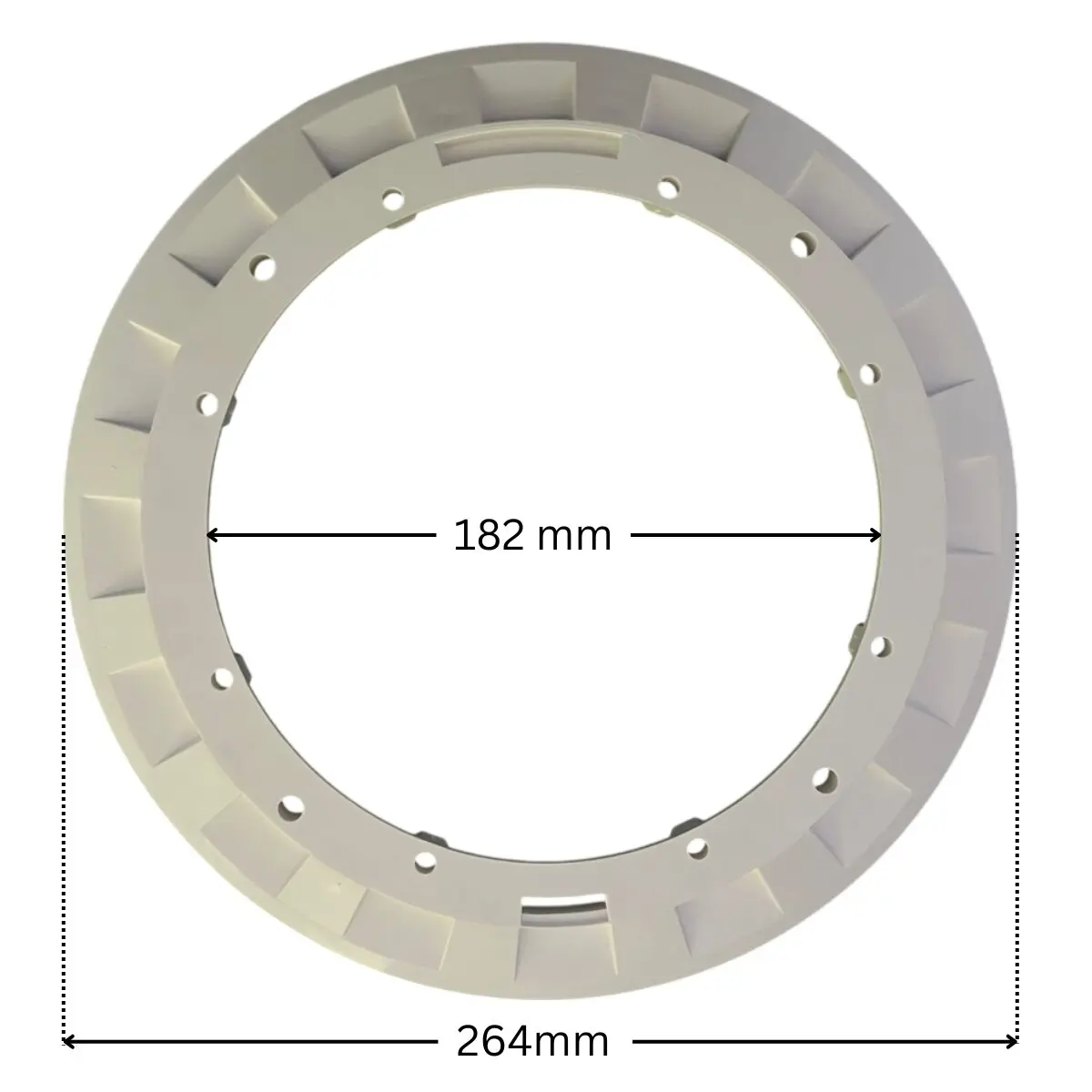 Flangia, vista da sopra, ricambio per scarico di fondo BL311 Aquareva con quote dimensionali: diametro interno 182 mm e diametro esterno 264 mm.