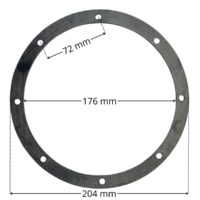 Guarnizione, ricambio per scarico di fondo diametro 210 mm Astralpool con quote dimensionali: diametro interno 176 mm, diametro esterno 204 mm, interasse fori fissaggio viti 72 mm