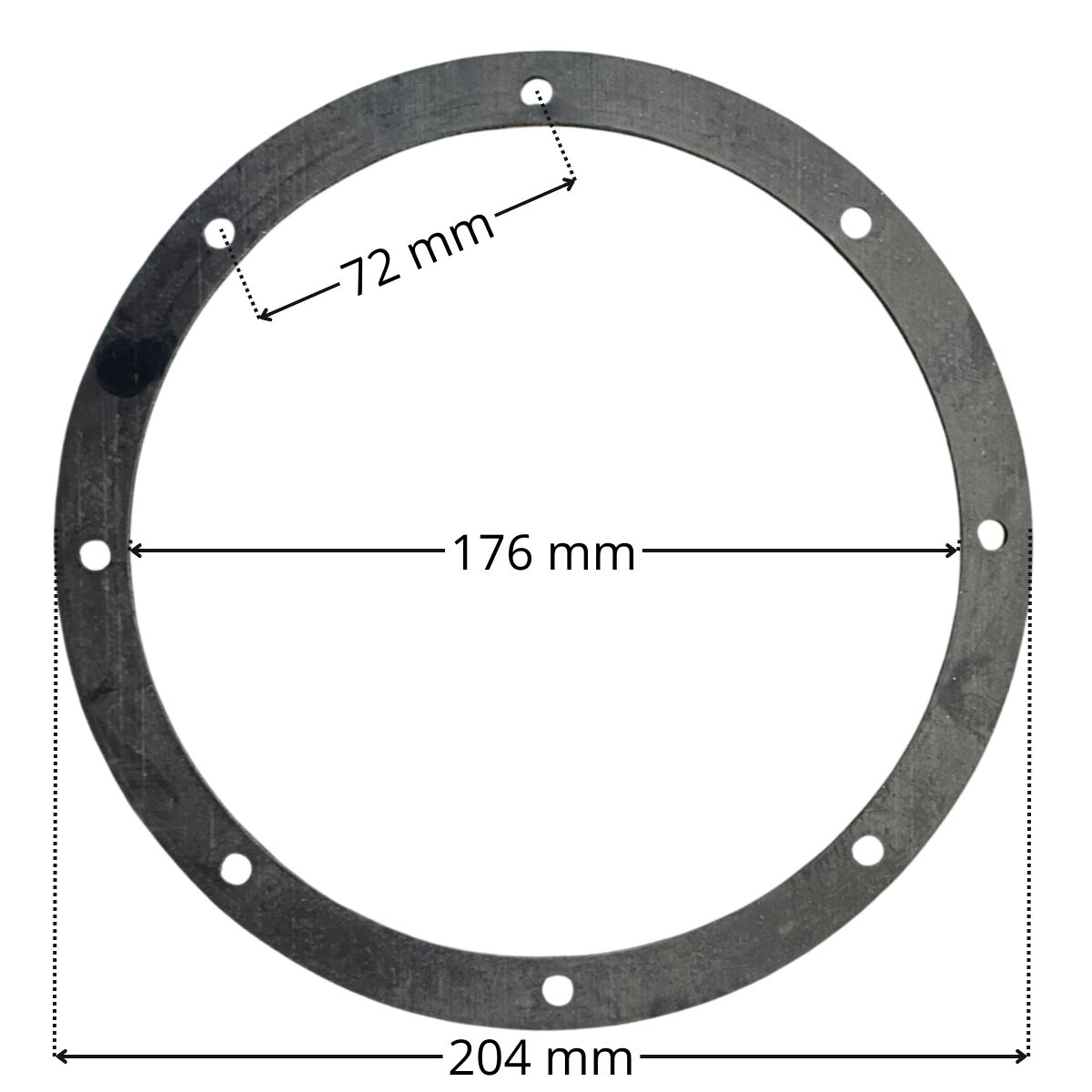 Guarnizione, ricambio per scarico di fondo diametro 210 mm Astralpool con quote dimensionali: diametro interno 176 mm, diametro esterno 204 mm, interasse fori fissaggio viti 72 mm