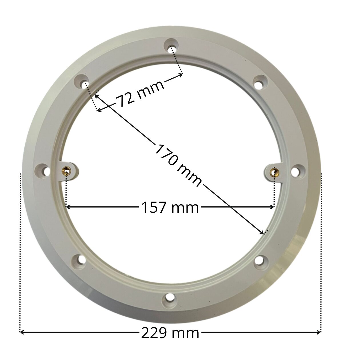Flangia, ricambio per scarico di fondo diametro 210 mm Astralpool con quote dimensionali: diametro interno 170 mm, diametro esterno 229 mm, interasse fori fissaggio viti 72 mm e interasse fori fissaggio griglia 157 mm