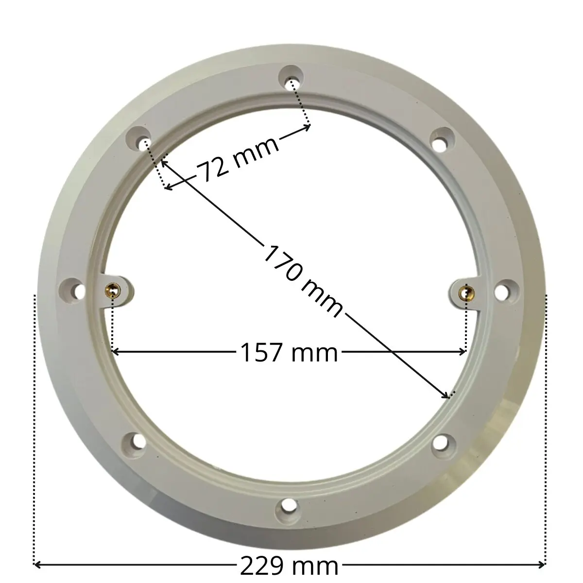 Flangia, ricambio per scarico di fondo diametro 210 mm Astralpool con quote dimensionali: diametro interno 170 mm, diametro esterno 229 mm, interasse fori fissaggio viti 72 mm e interasse fori fissaggio griglia 157 mm