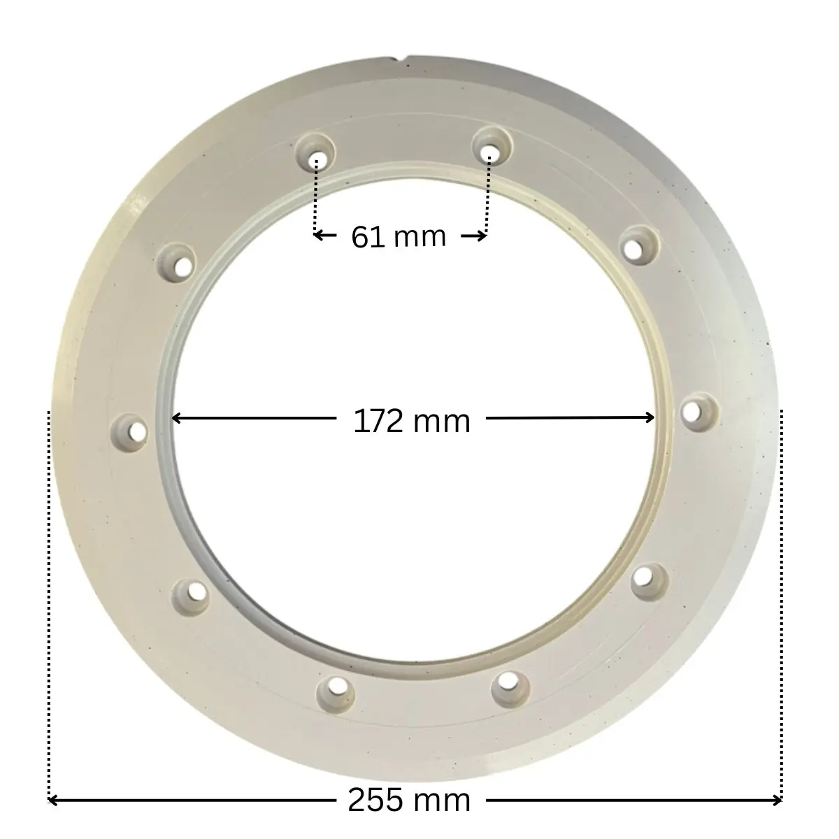 Flangia, ricambio per scarico di fondo diametro 290 mm Astralpool con quote dimensionali: diametro interno 172 mm, diametro esterno 255 mm, interasse fori fissaggio viti 61 mm