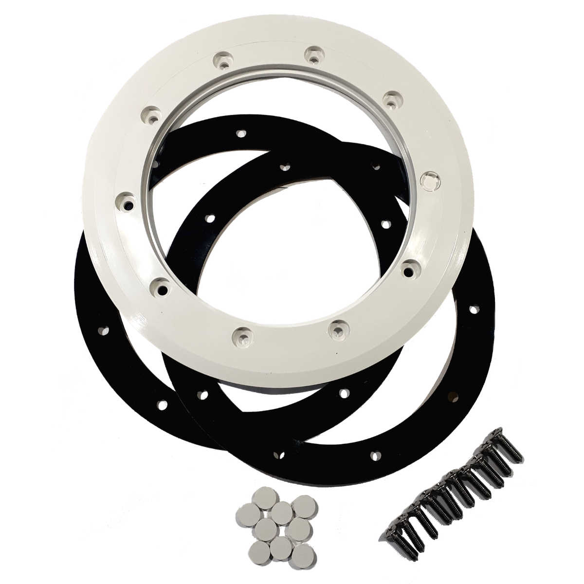 Kit ricambio completo per scarico di fondo diametro 290 mm Astralpool: flangia, due guarnizioni e set viti di fissaggio.