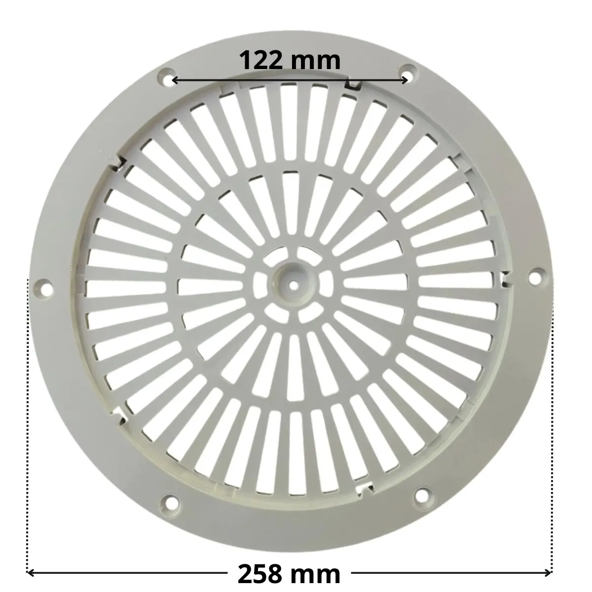Griglia ricambio per bocchetta pavimento regolabile 3 pollici Astralpool con quote dimensionali : diametro esterno 258 e interasse fori viti di fissaggio 122 mm