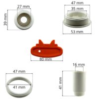 Kit composto da copriflangia sfera e accessori fissaggio sfera ricambi per bocchetta a parete multiflow skimmer Astralpool con le quote dimensionali di ogni singolo pezzo