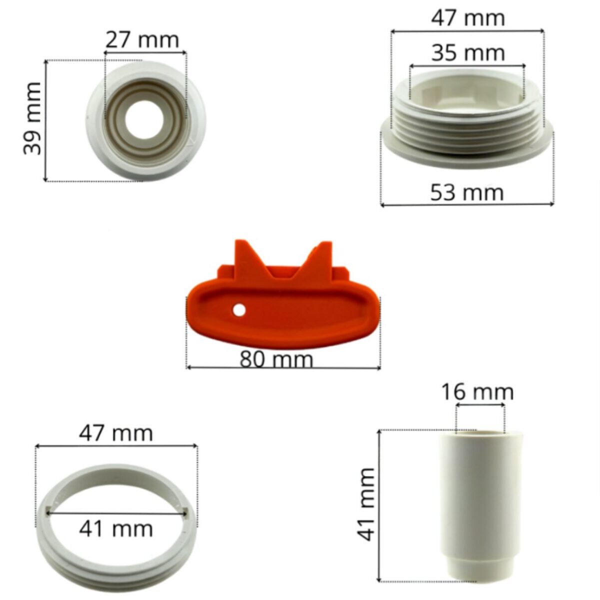 Kit composto da copriflangia sfera e accessori fissaggio sfera ricambi per bocchetta a parete multiflow skimmer Astralpool con le quote dimensionali di ogni singolo pezzo