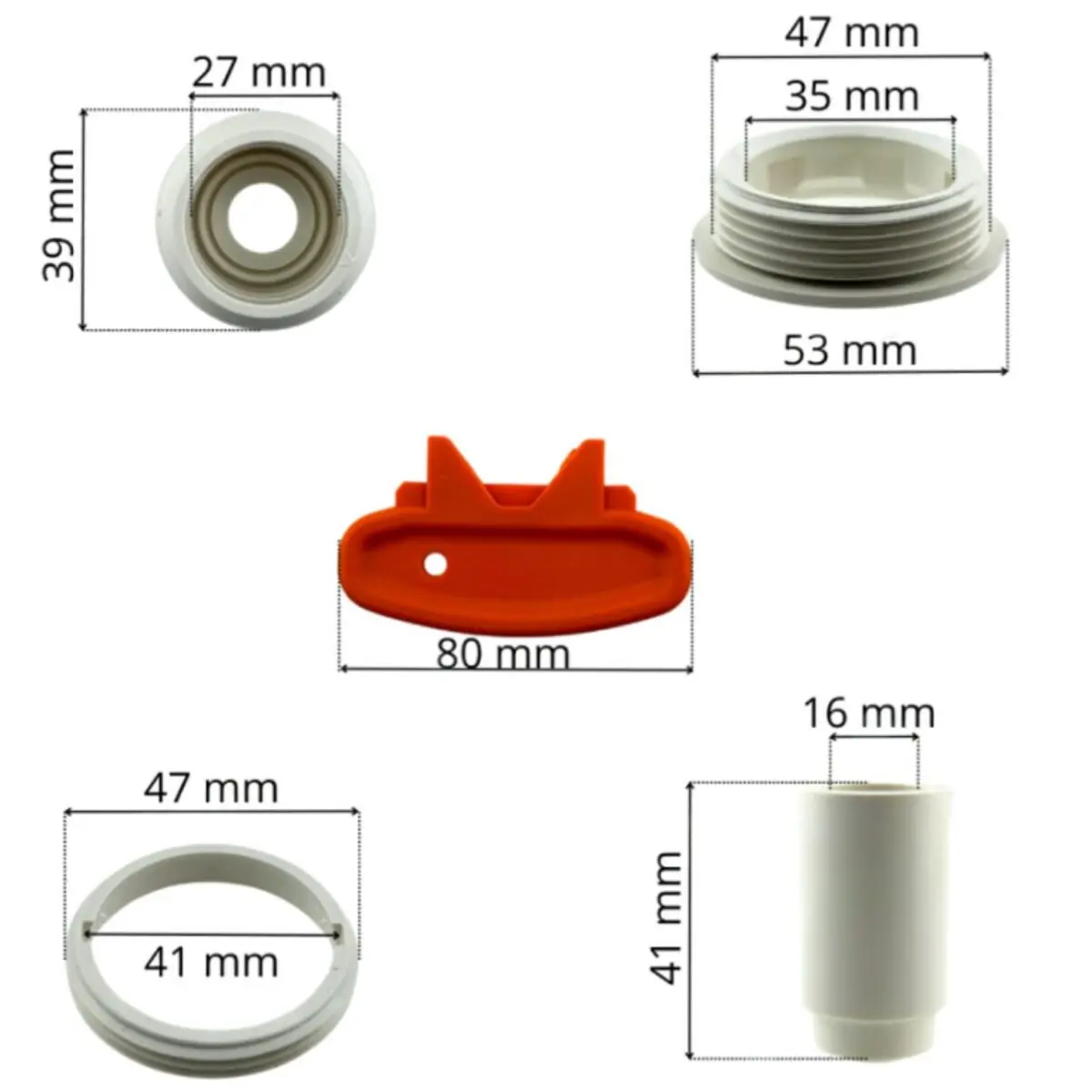 Kit composto da copriflangia sfera e accessori fissaggio sfera ricambi per bocchetta a parete multiflow skimmer Astralpool con le quote dimensionali di ogni singolo pezzo