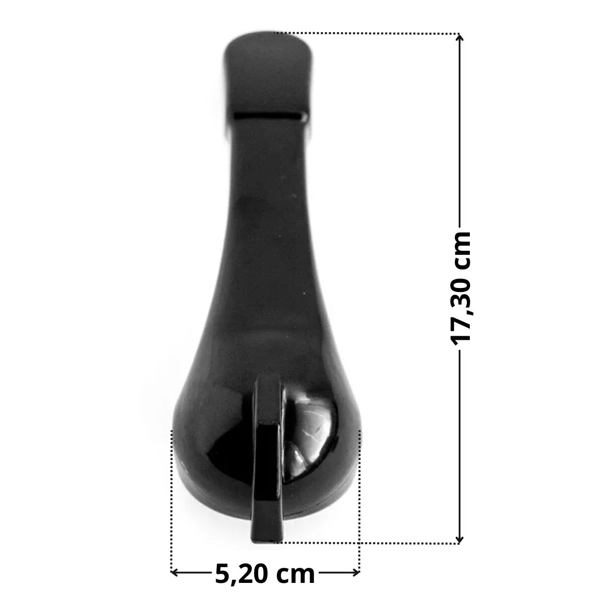 Maniglia, vista dall’alto, ricambio per valvola selettrice Side Praher con quote dimensionali: lunghezza 17,30 cm e diametro parte più larga 5,20 cm