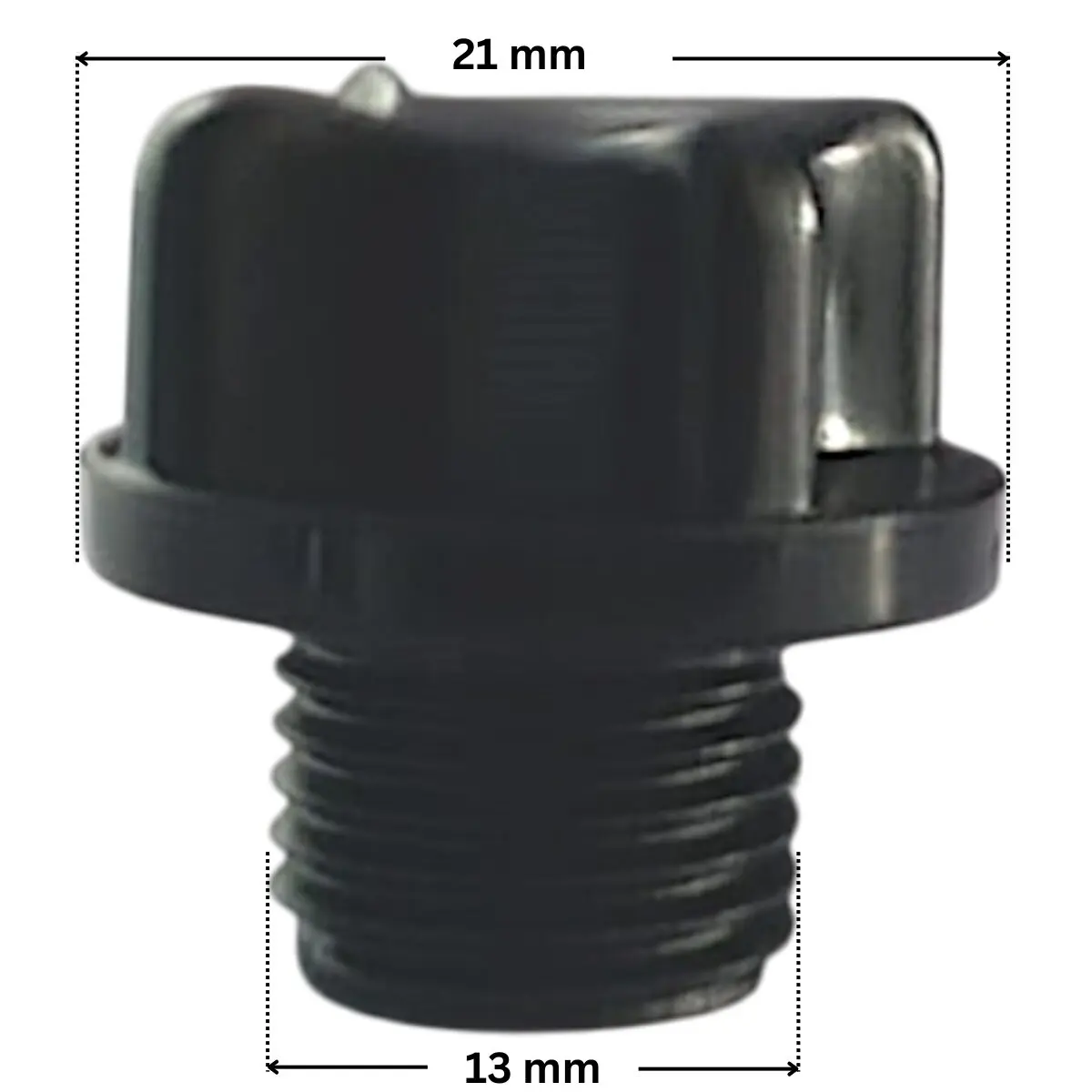 Tappo scarico ricambio per valvola selettrice Top e Side da 1 pollice e mezzo e Side da 2 pollici Astralpool con quote dimanesionali: diametro esterno della filettatura 13 mm e diametro esterno del tappo 21 mm.