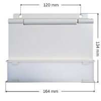Vista posteriore del battente ricambio per skimmer SNTE con quote dimensionali: larghezza 164 mm, altezza 134 mm, interasse fori fissaggio 120 mm