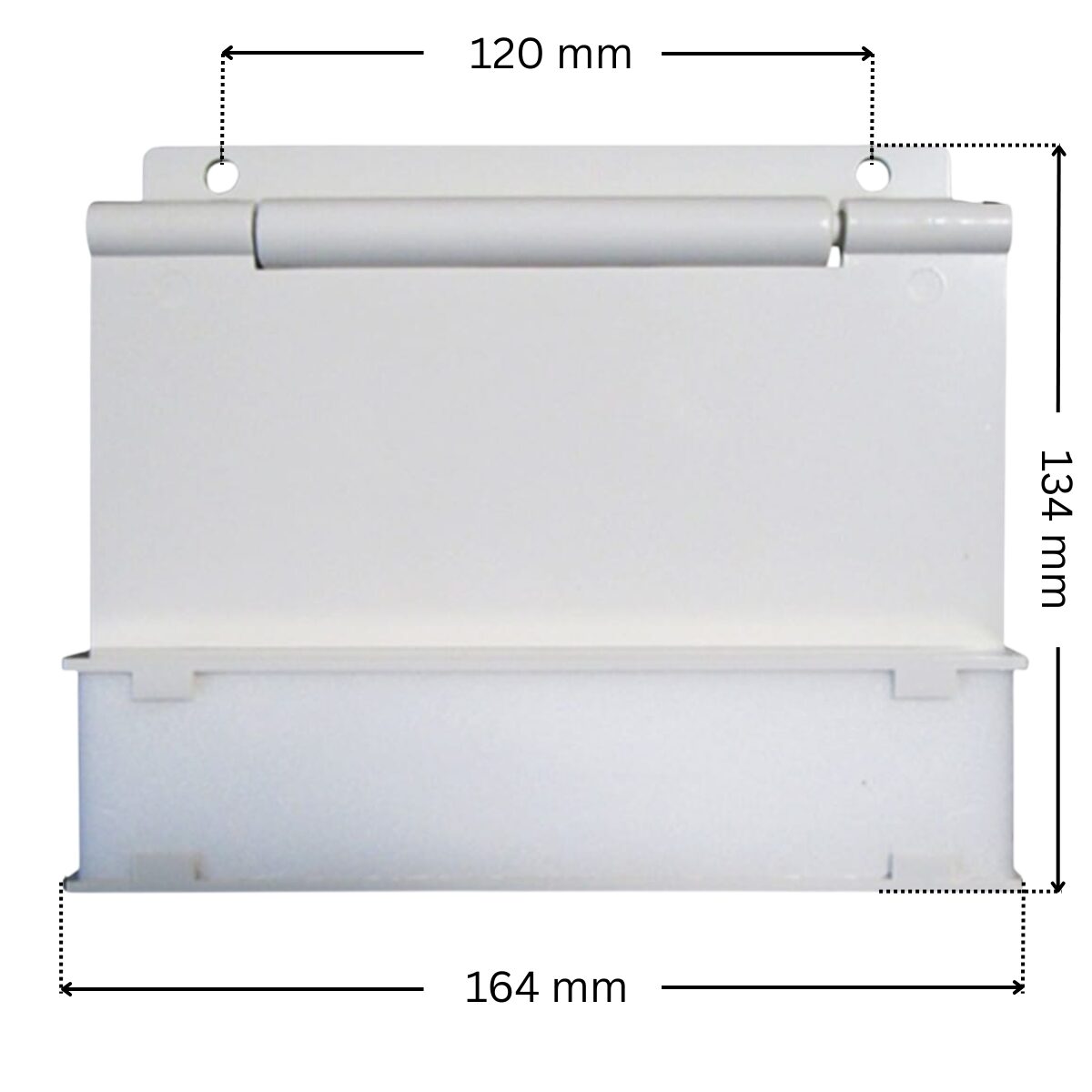 Vista posteriore del battente ricambio per skimmer SNTE con quote dimensionali: larghezza 164 mm, altezza 134 mm, interasse fori fissaggio 120 mm