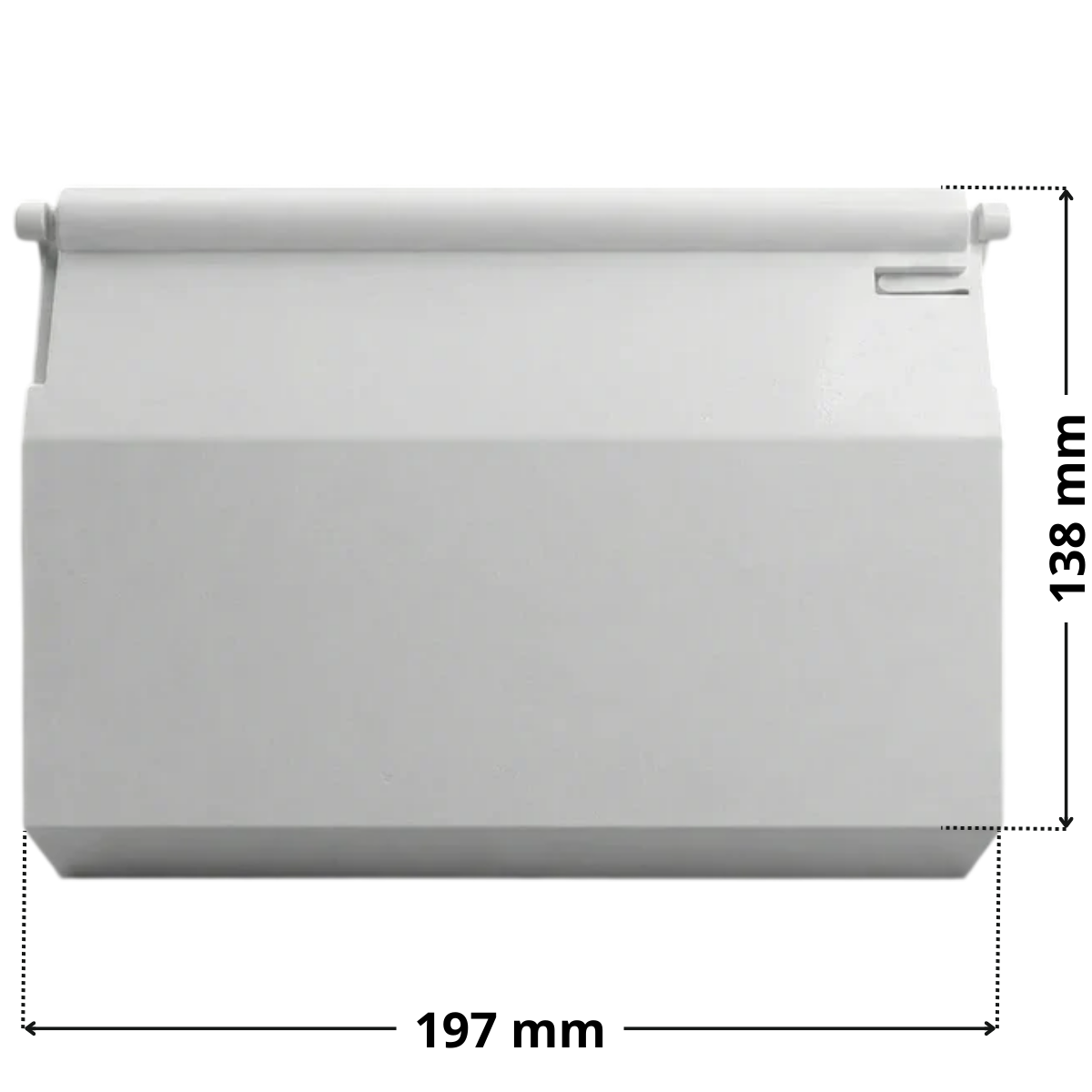Battente ricambio per skimmer SP1082, SP1084 Hayward con indicazione delle dimensioni: larghezza 197 mm e altezza 138 mm. Il battente è di forma rettangolare ha perni di aggancio alla base incorporati.