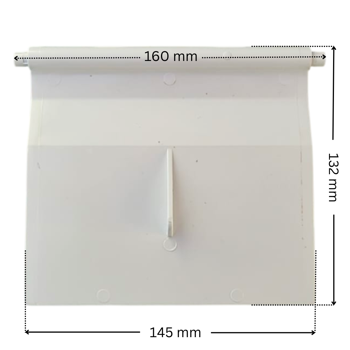 Battente ricambio per skimmer SP1090 SP1096 SP1097 Hayward con indicazione delle dimensioni: larghezza 145 mm e altezza 132 mm. Il battente è di forma rettangolare ha perni di aggancio alla base incorporati, larghezza perni di aggancio 160 mm
