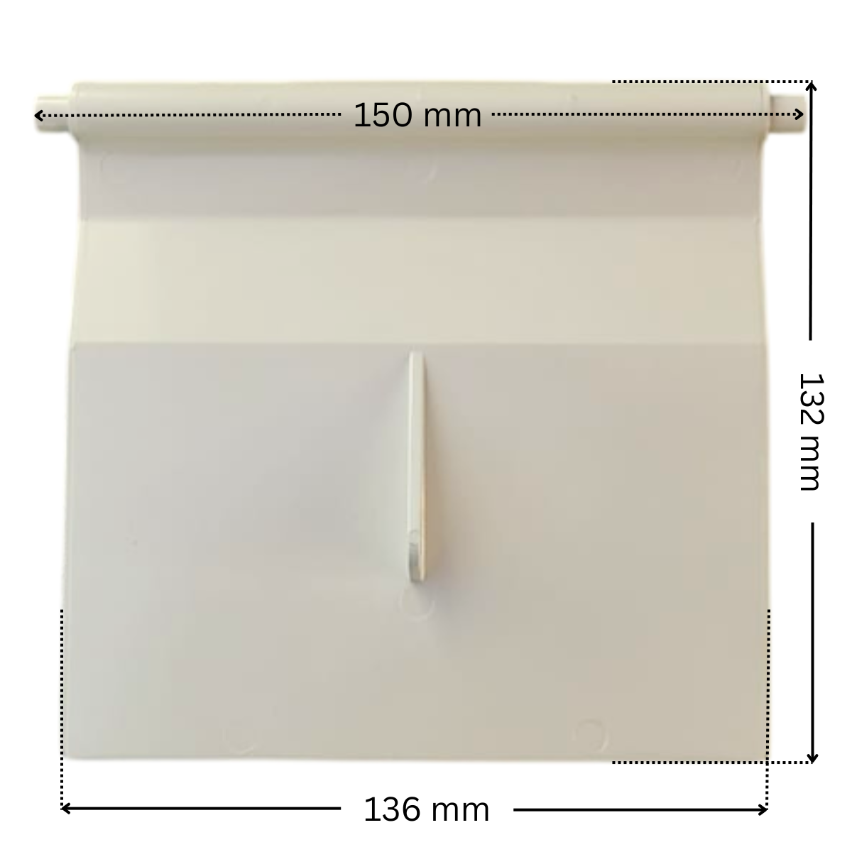 Battente ricambio per skimmer SP1094 Hayward con indicazione delle dimensioni: larghezza 136 mm e altezza 132 mm. Il battente è di forma rettangolare ha perni di aggancio alla base incorporati, larghezza perni di aggancio 150 mm