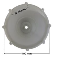 Vista frontale della calotta ricambio per faro subacqueo Cofies con quote dimensionali: diametro esterno 190 mm e interasse fori fissaggio viti 70,90 mm