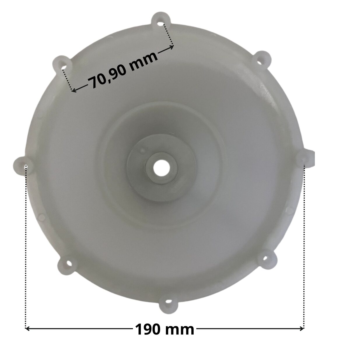 Vista frontale della calotta ricambio per faro subacqueo Cofies con quote dimensionali: diametro esterno 190 mm e interasse fori fissaggio viti 70,90 mm