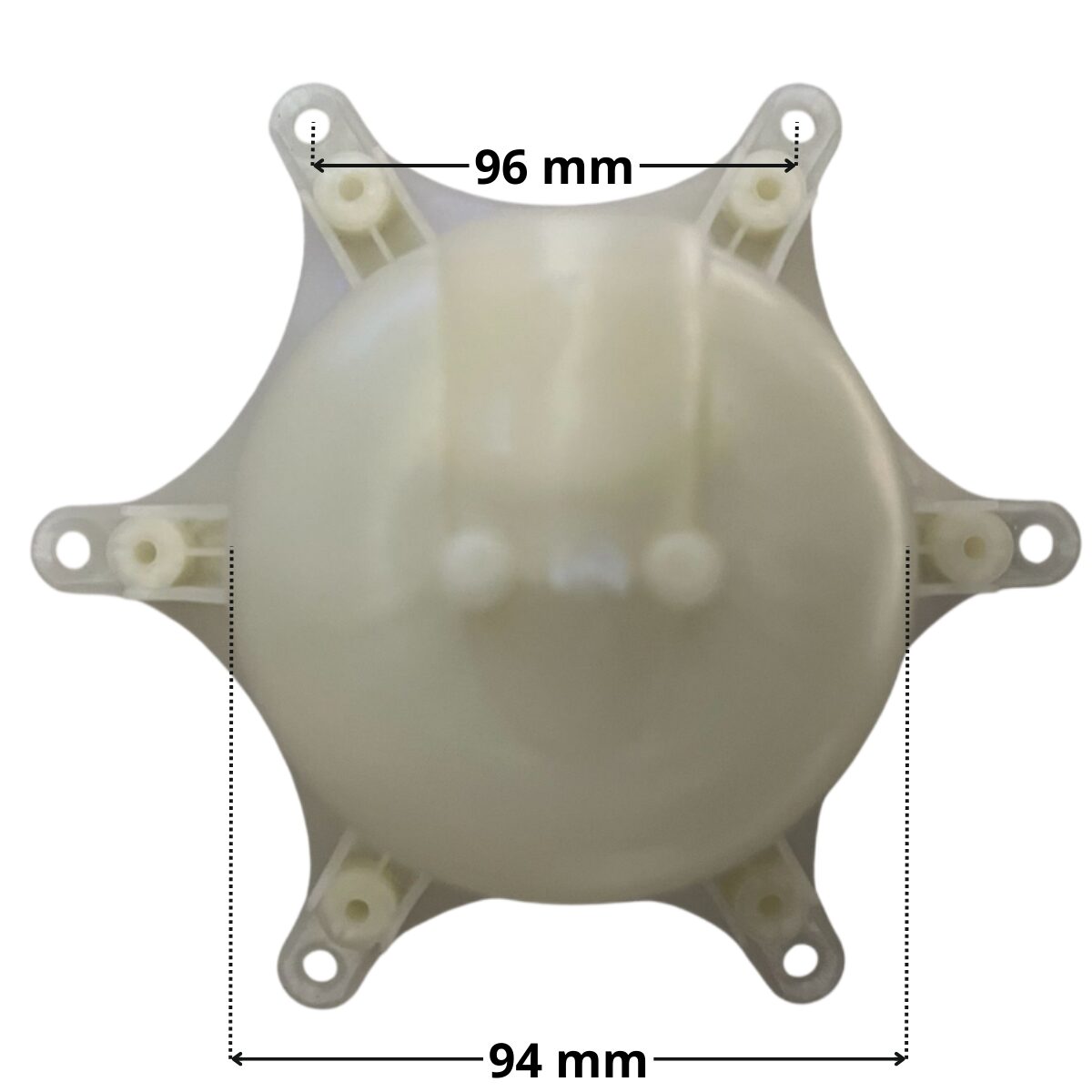 Vista posteriore della calotta ricambio per faro subacqueo Elegance post 2007 Weltico con quote dimensionali: diametro esterno 94 mm e interasse fori fissaggio viti 96 mm