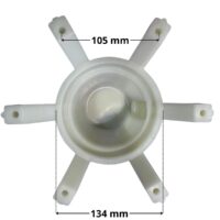 Vista frontale della calotta ricambio per subacqueo Ex 300 watt Aqua e Pool's con quote dimensionali: diametro esterno 134 mm e interasse fori fissaggio viti 105 mm