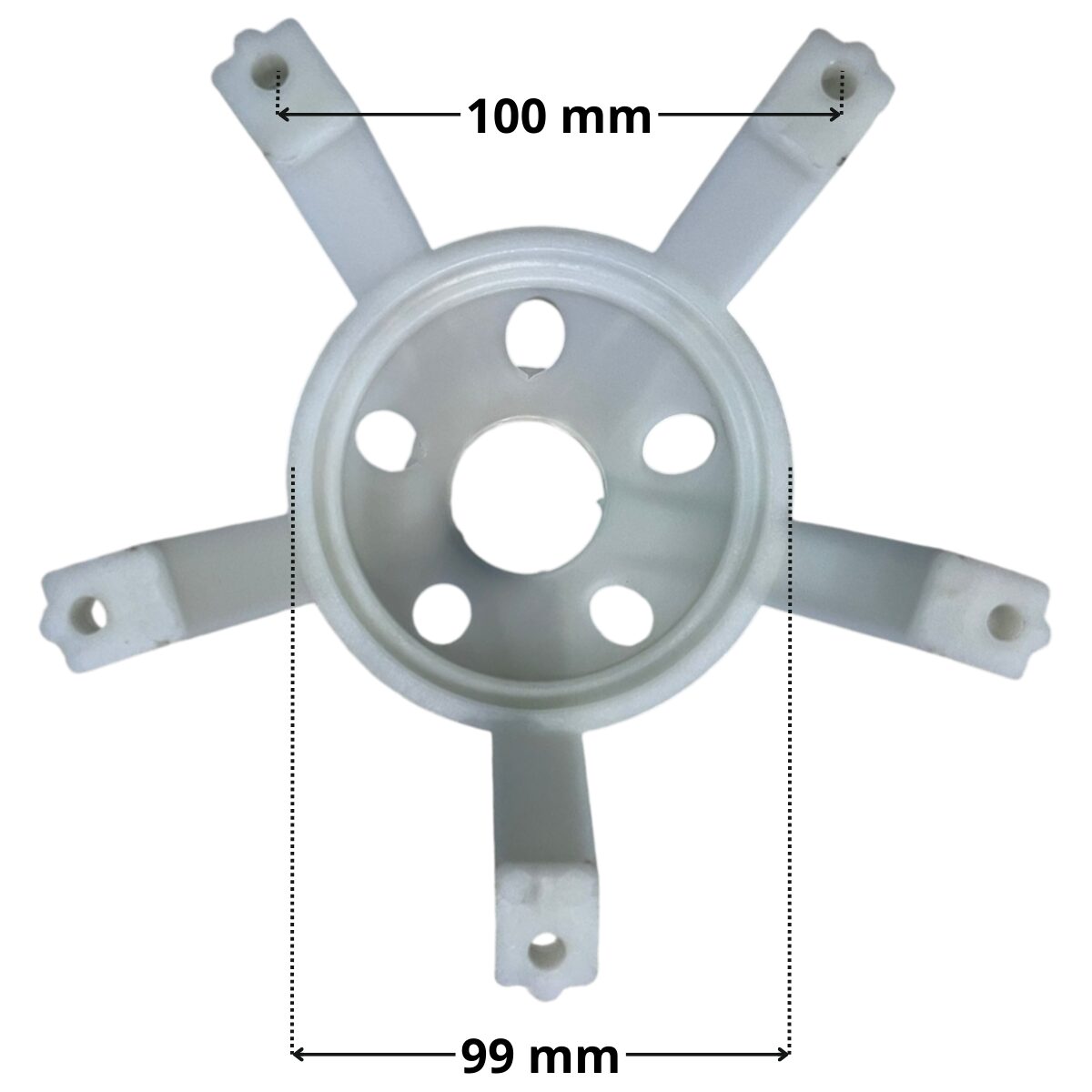 Vista frontale della calotta ricambio per faro subacqueo LED diametro 191 mm Pool's con quote dimensionali: diametro esterno 99 mm e interasse fori fissaggio viti 100 mm