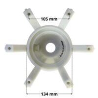 Vista frontale della calotta ricambio per faro subacqueo LED diametro 270 mm Pool's con quote dimensionali: diametro esterno 134 mm e interasse fori fissaggio viti 105 mm