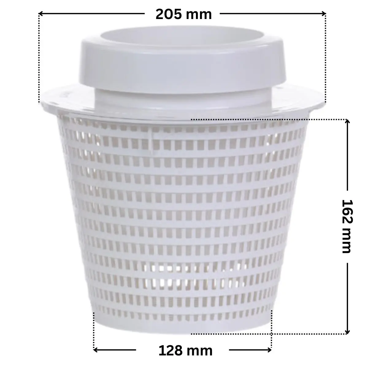 Cestello, forma conica con galleggiante, ricambio per skimmer HD100 Certikin con quote dimensionali: diametro superiore 205 mm, diametro inferiore 128 mm, altezza 162 mm.