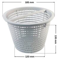 Cestello ricambio per skimmer 3118 e 3119 Cofies con quote dimensionali: altezza 135 mm, diametro inferiore 120 mm, diametro superiore 185 mm.