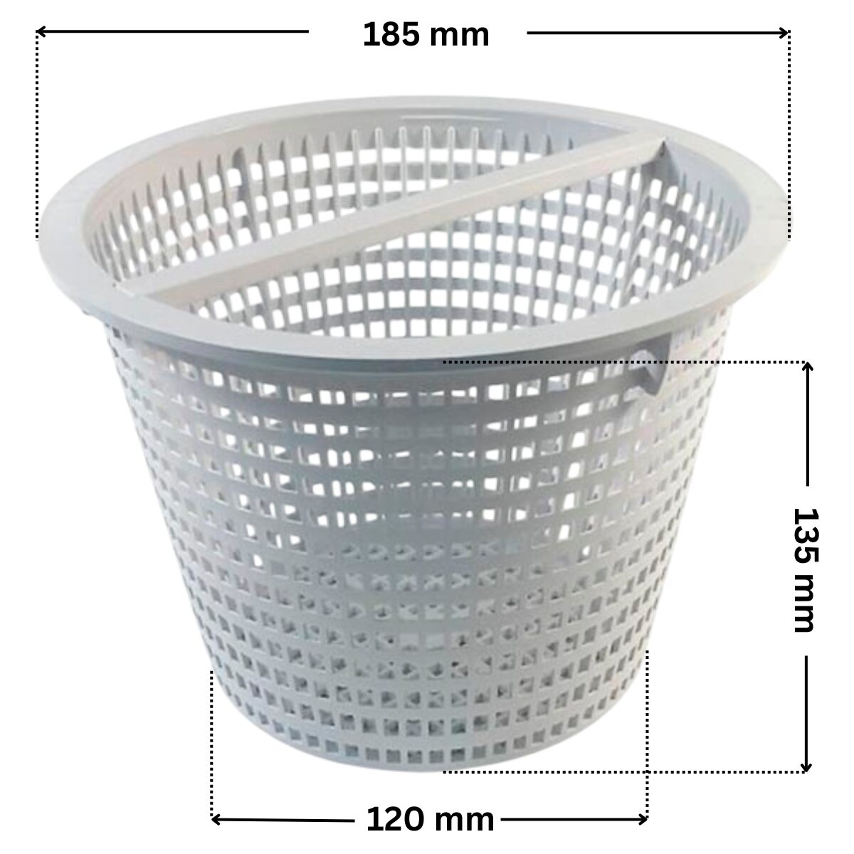 Cestello ricambio per skimmer 3118 e 3119 Cofies con quote dimensionali: altezza 135 mm, diametro inferiore 120 mm, diametro superiore 185 mm.