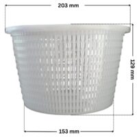 Cestello ricambio per skimmer bocca larga e bocca stretta, portata 17,5 litri Astralpool con quote dimensionali: altezza 129 mm, diametro inferiore 153 mm, diametro superiore 203 mm.
